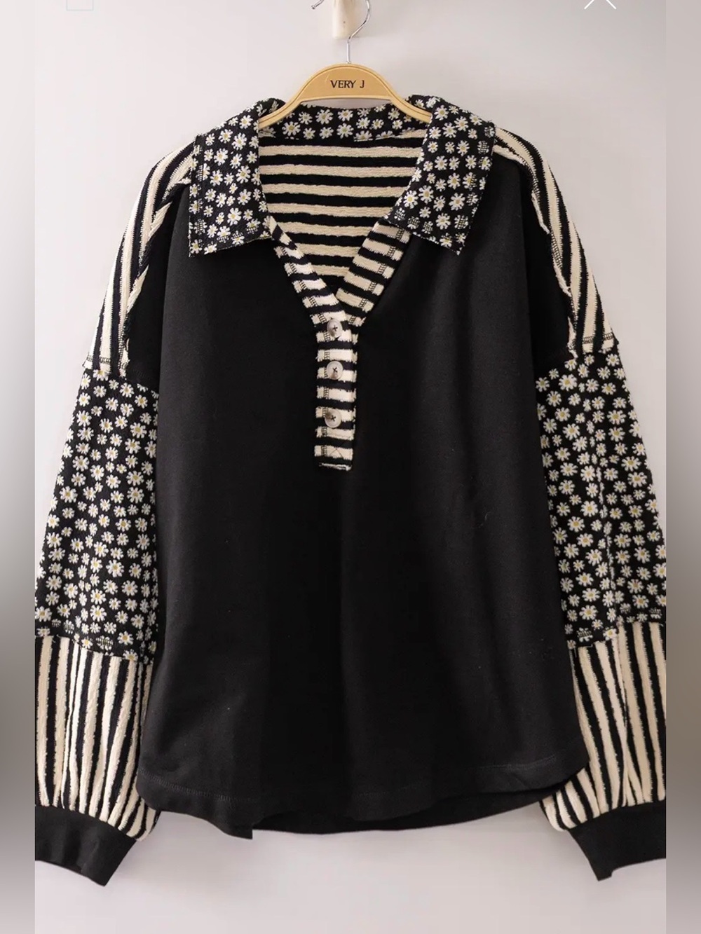 Black French terry floral sleeve contrast sweatshirt boho sweater Henley top